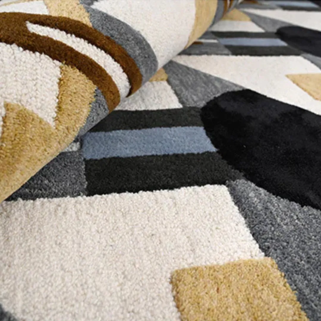 Rectangular rug with abstract grid pattern and neutral palette