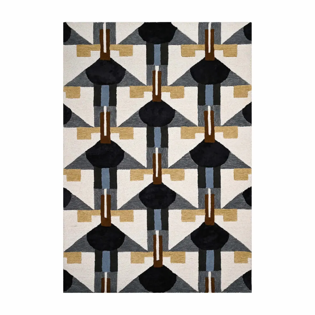 Modern geometric grid rug with black, beige, and gray tones