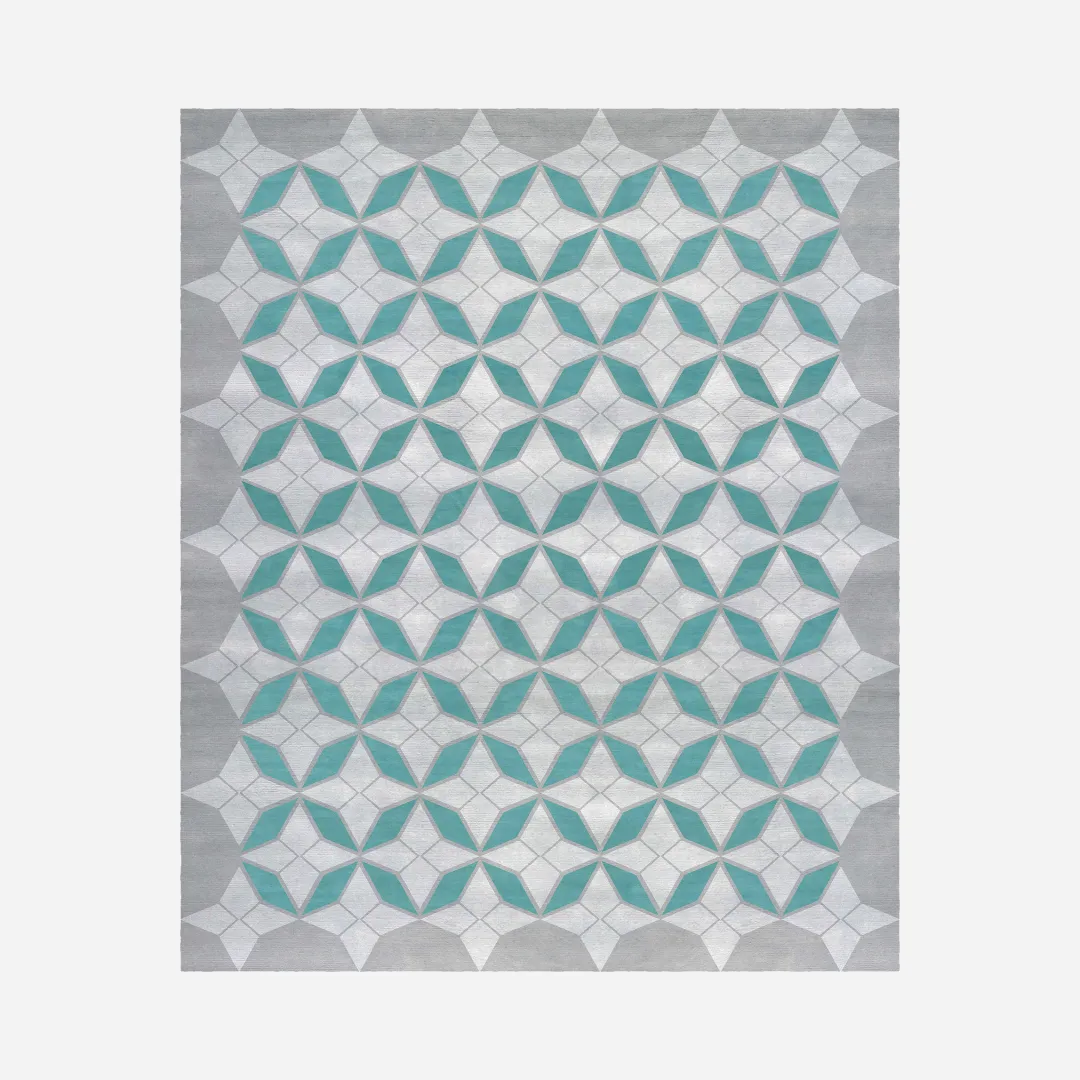 Geometric Teal Area Rug with star-diamond pattern and teal tones