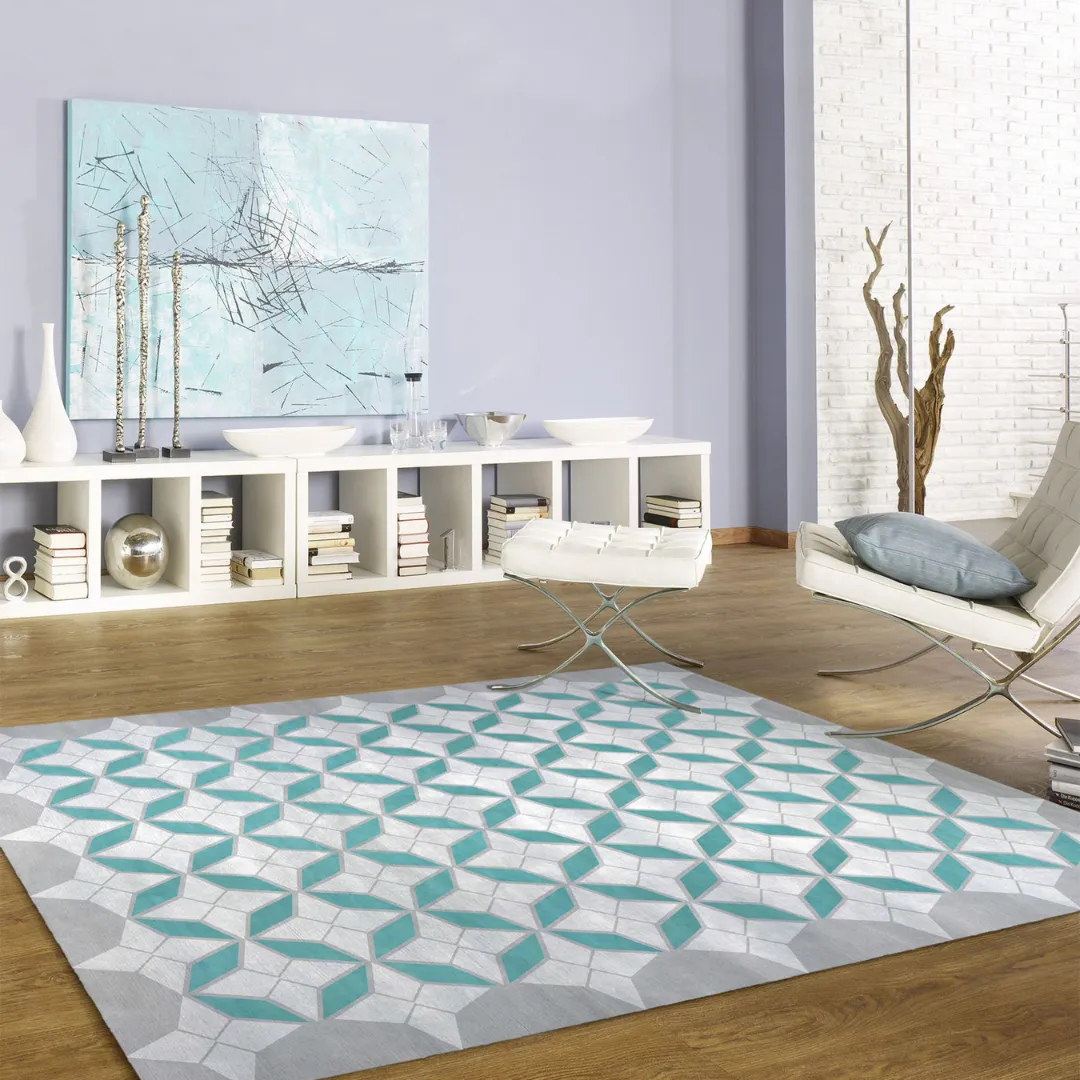 Hand-tufted teal wool rug in modern living room