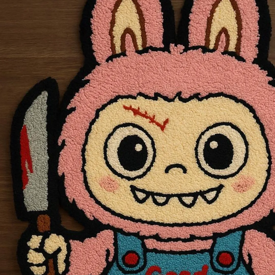 Hand-tufted Labubu area rug in pink hood and blue overalls