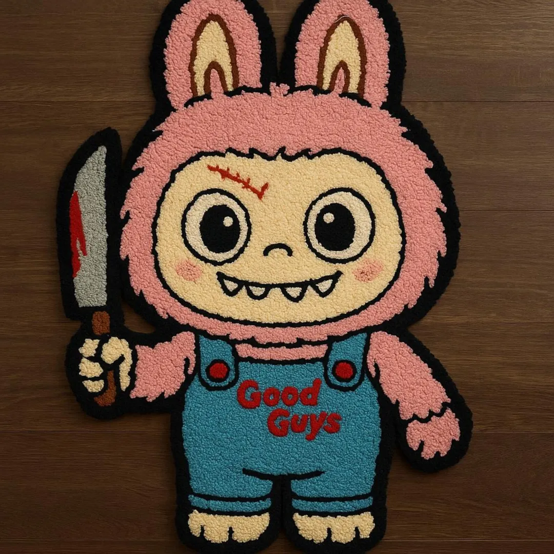 Good Guys Labubu rug with horror doll costume and knife