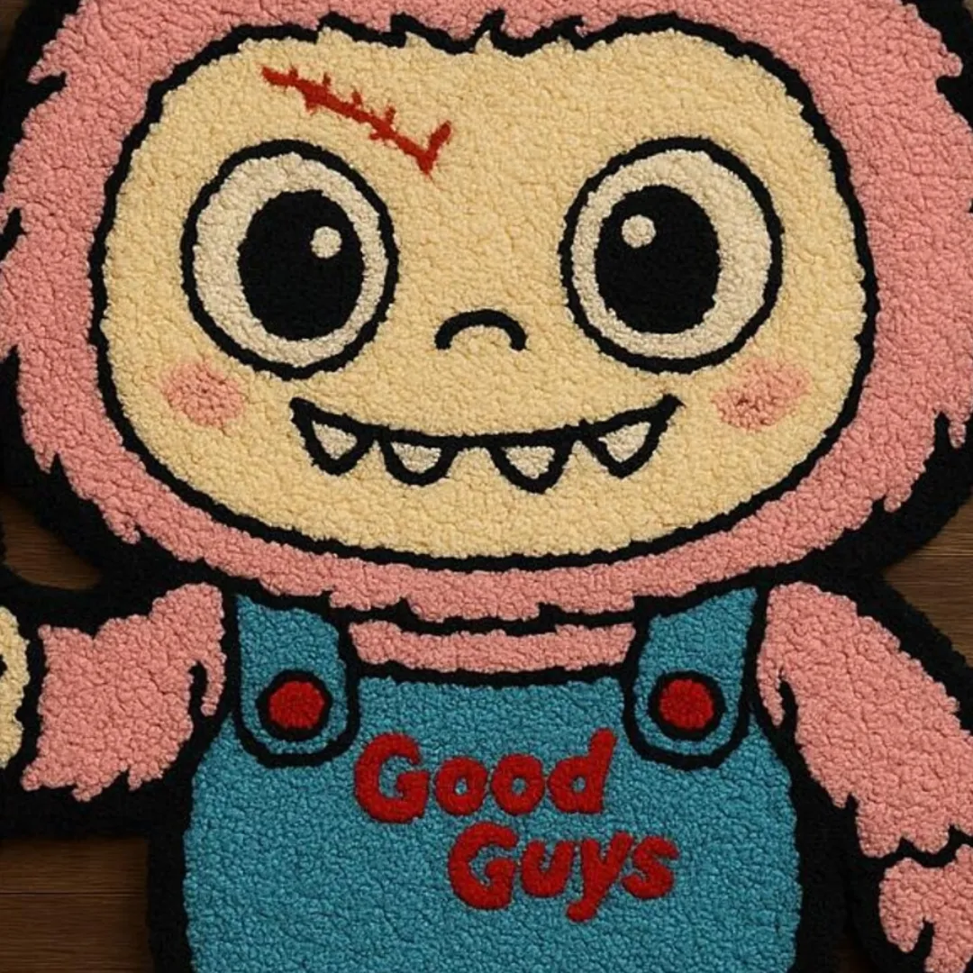Kawaii horror rug featuring Labubu with stitched scar and bowie knife