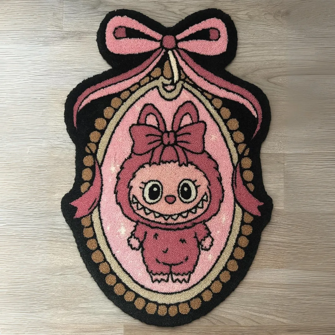 Gothic mirror frame Labubu rug with pink bunny character