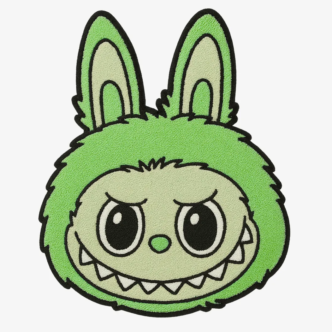 Green Labubu Rug featuring bunny face and stitched grin