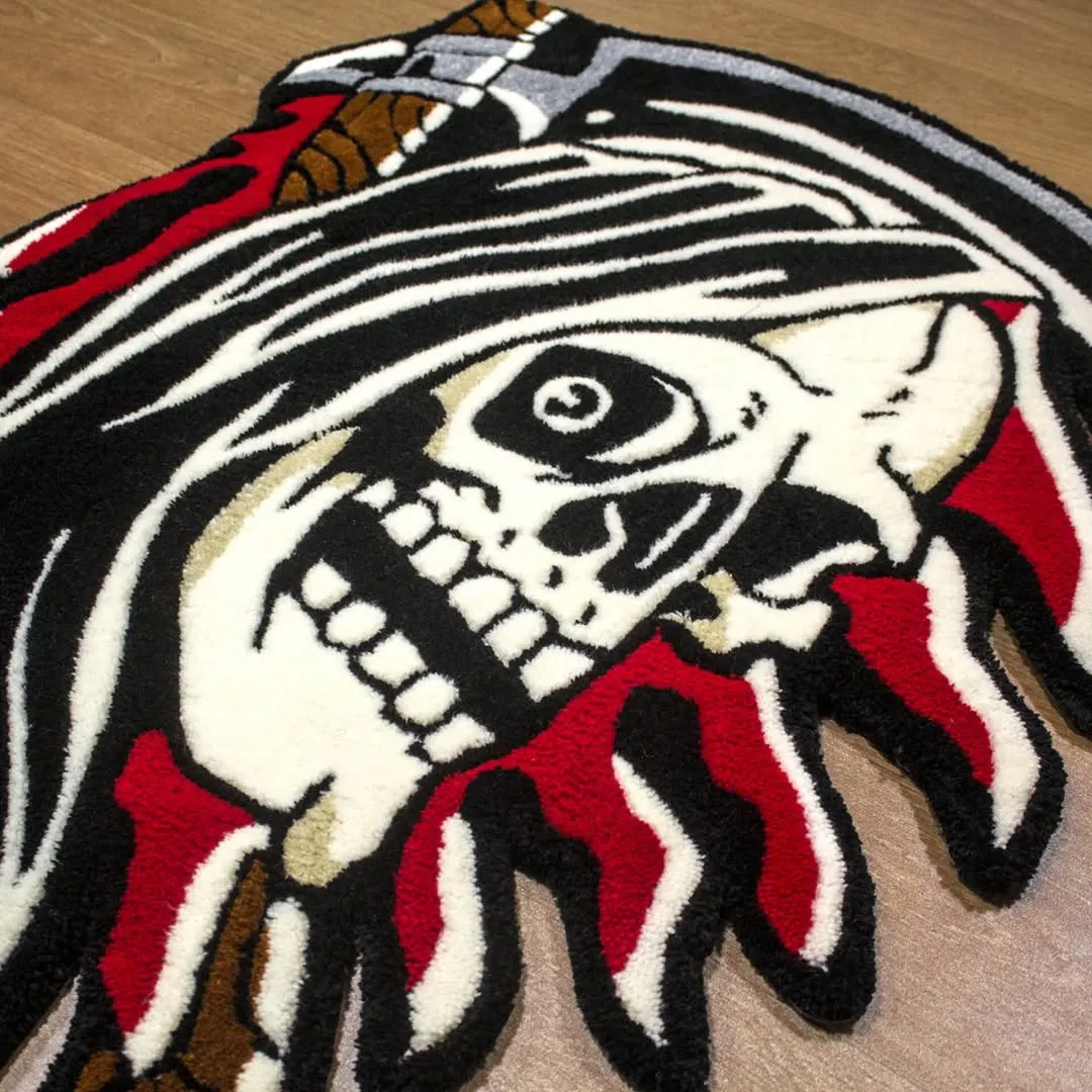 Custom tufted rug featuring a grinning skeleton reaper with bold line art.