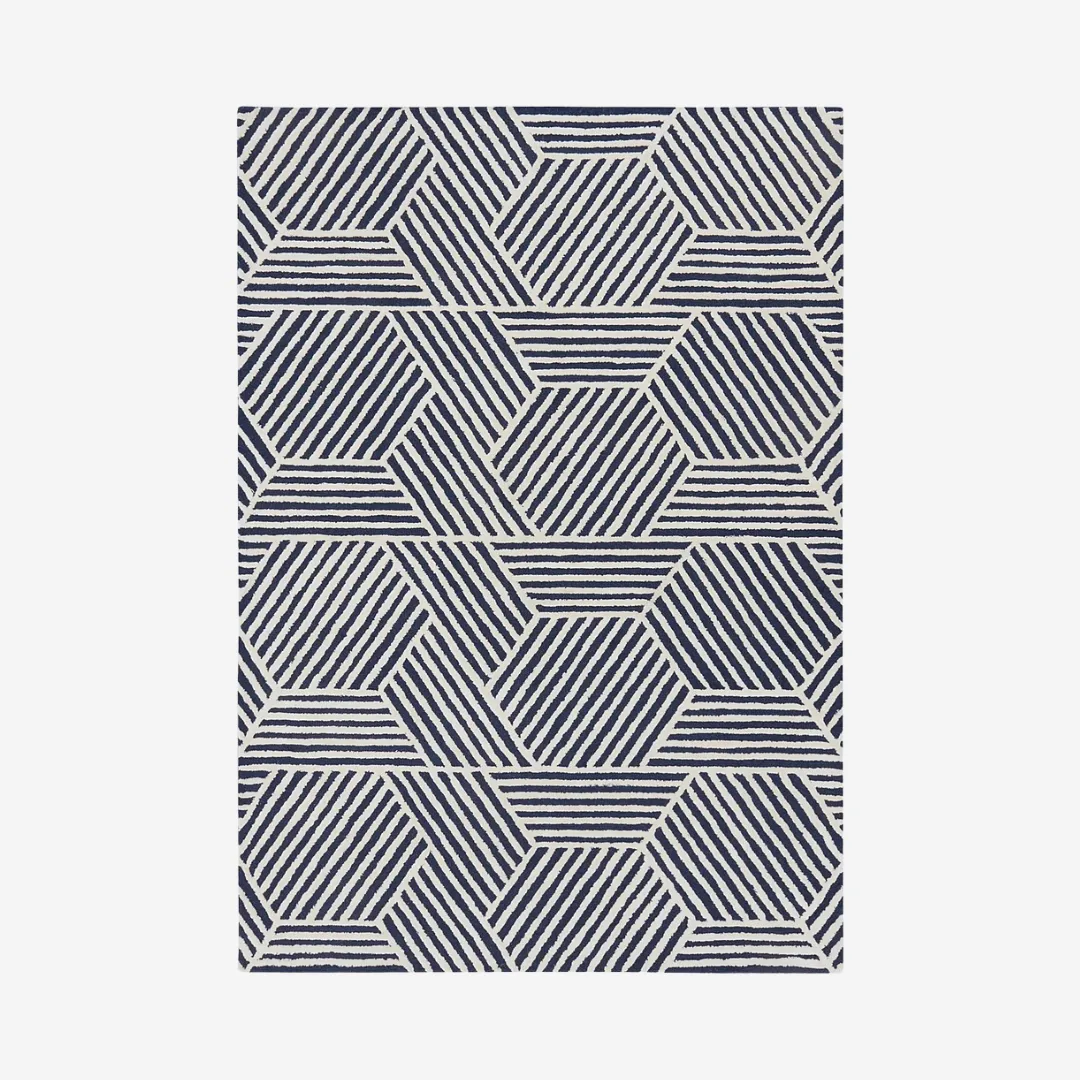 Hexa Lines Area Rug with navy and ivory hexagon pattern