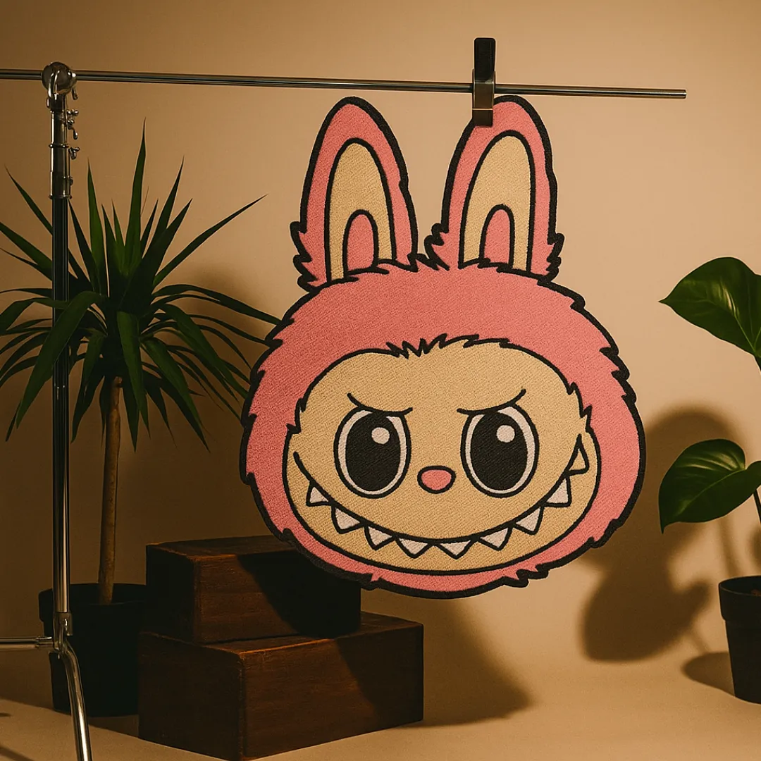 Labubu custom-shaped rug in a colorful bedroom or studio