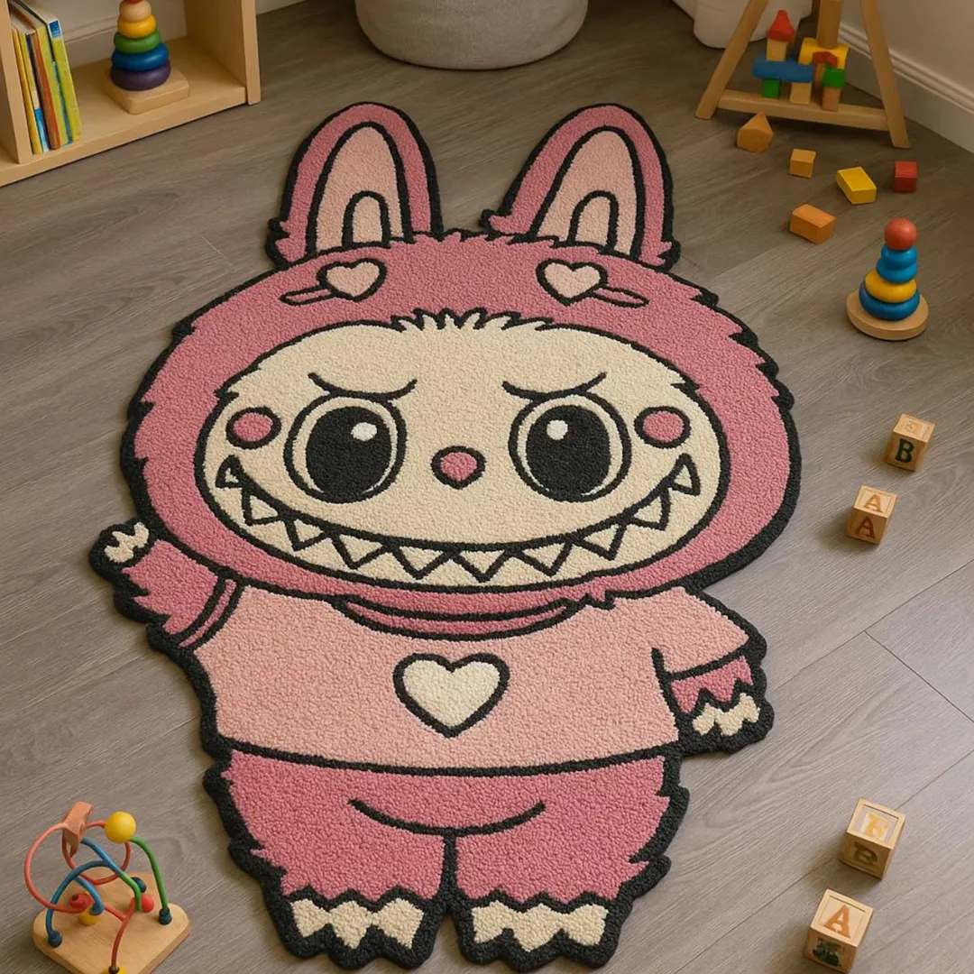 Cute and cheeky pink Labubu cartoon rug