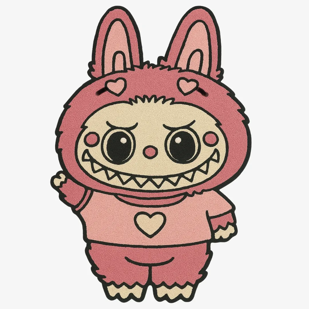 Pink Labubu rug with heart hoodie and cute grin