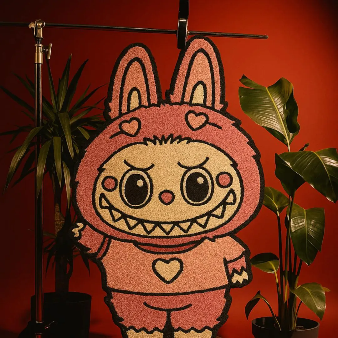 Labubu full-body rug in blush and rose tones