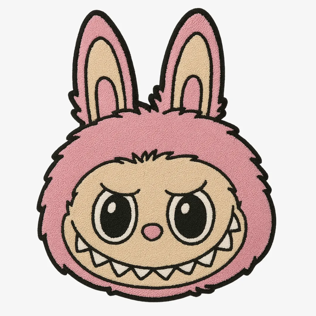 Labubu character rug with pink ears and wide smile