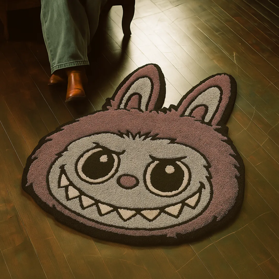 Brown character rug featuring Labubu face