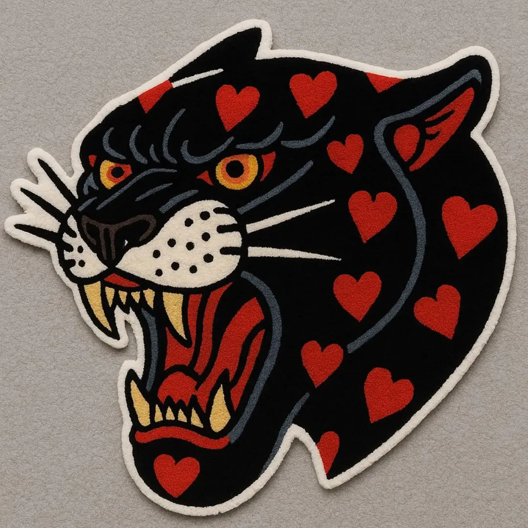 Close-up of roaring panther and heart details