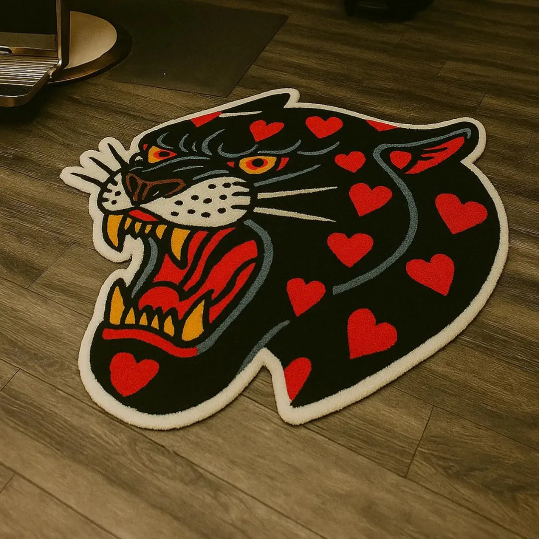 Love Panther rug laid out in hallway or studio
