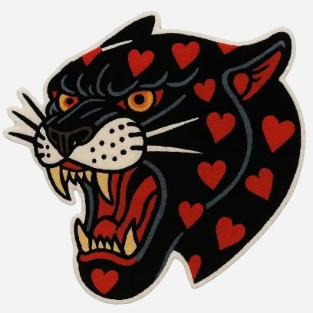 Tattoo-style panther head rug with red hearts
