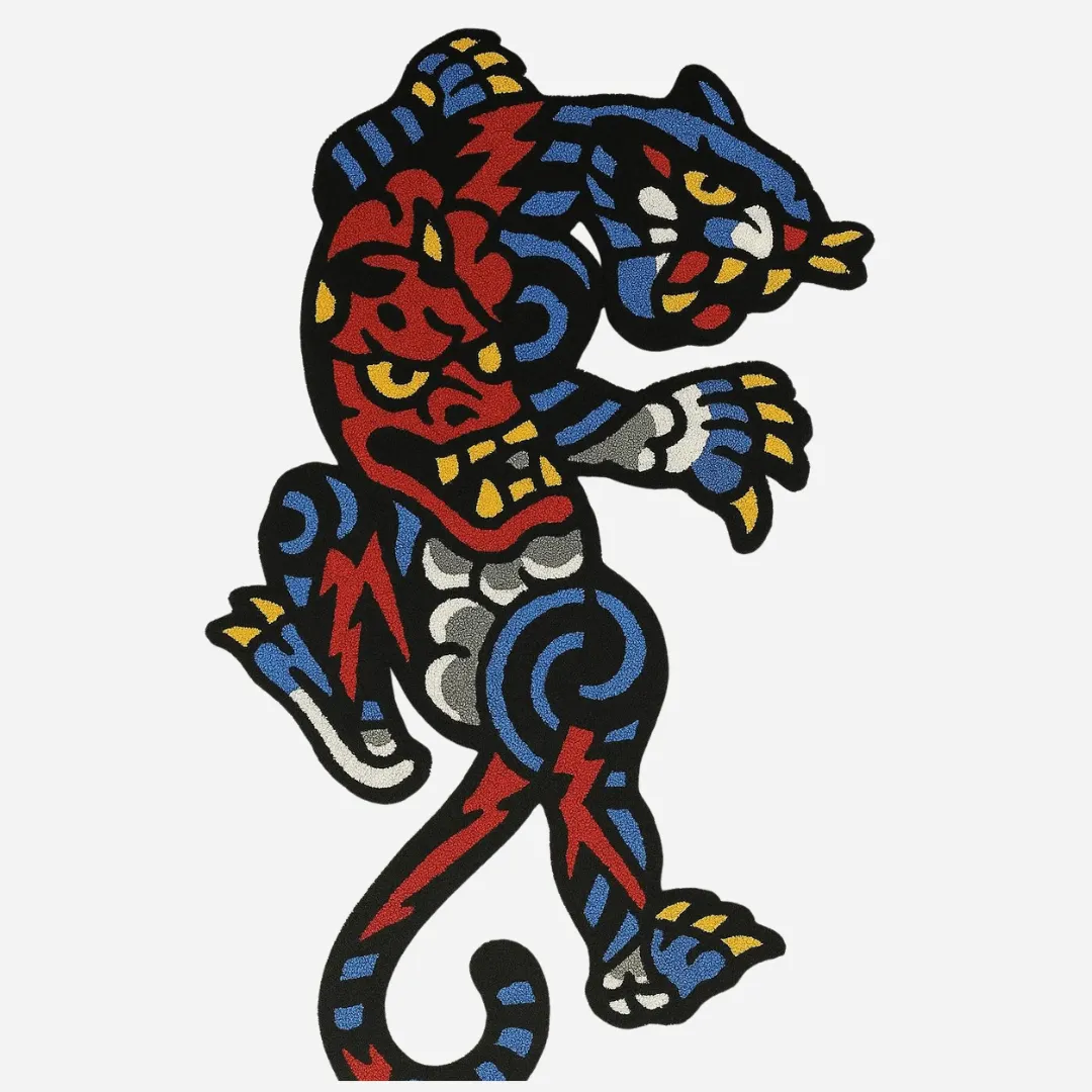 Tattoo-style panther and tiger rug in bold colors