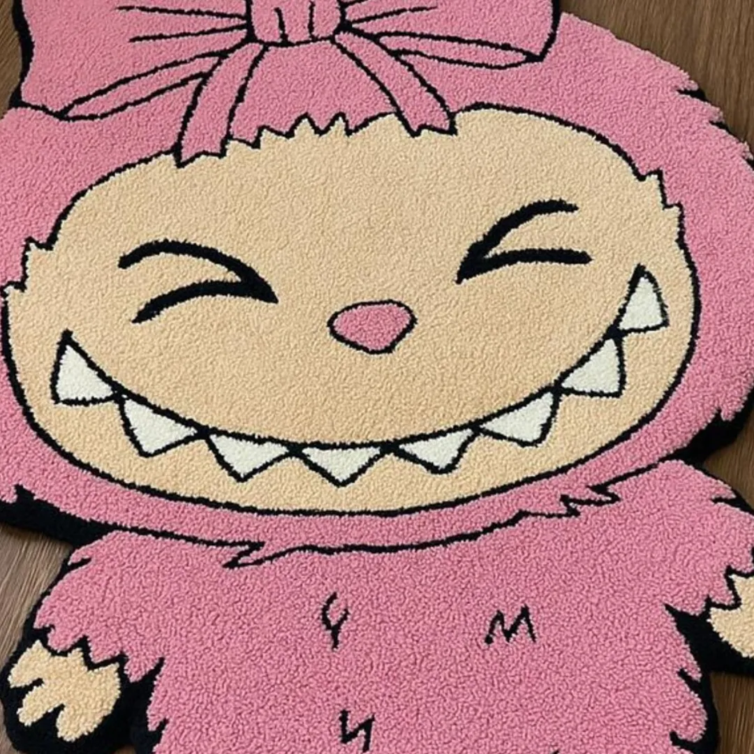 Handmade Labubu area rug featuring a sharp smile and cute design