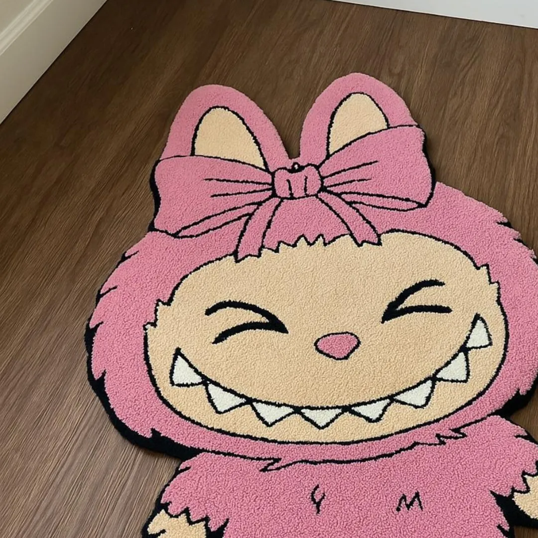 Pink Grin Labubu rug with cartoon bunny and giant bow