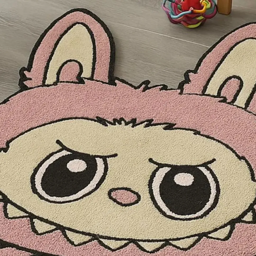 Pink Labubu rug with stitched smile and bunny ears