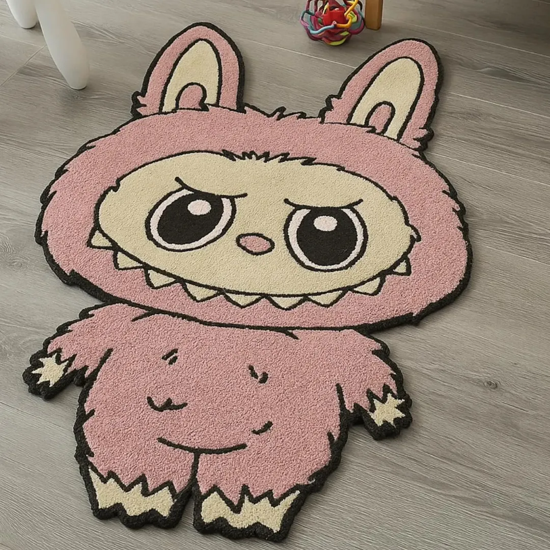 Hand-tufted pink Labubu character rug on the floor