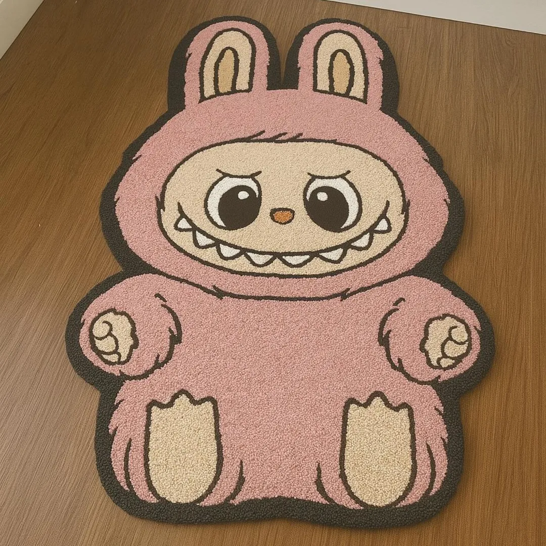 Pink Labubu rug with bunny ears and cartoon face