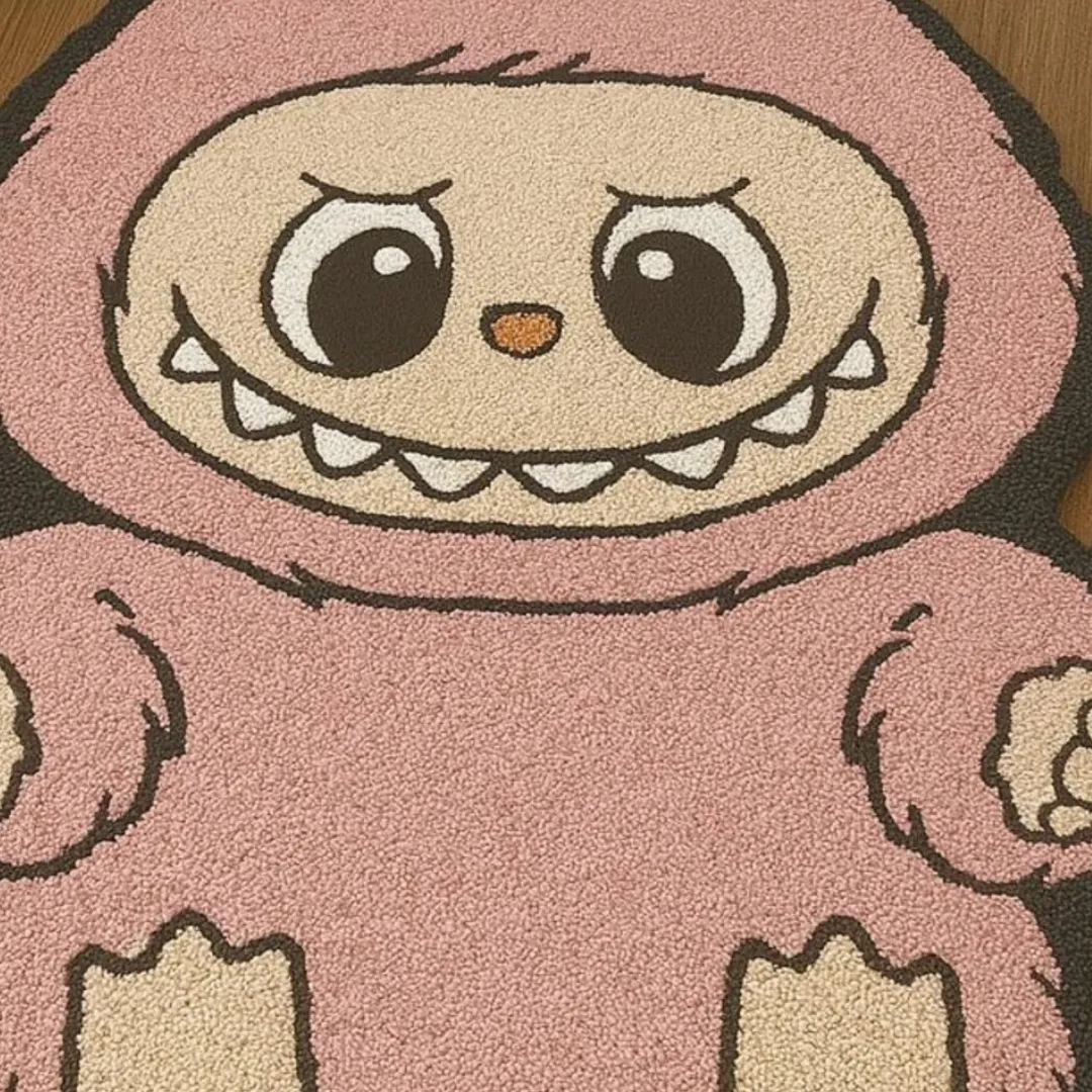 Kawaii monster Labubu rug in soft pink wool
