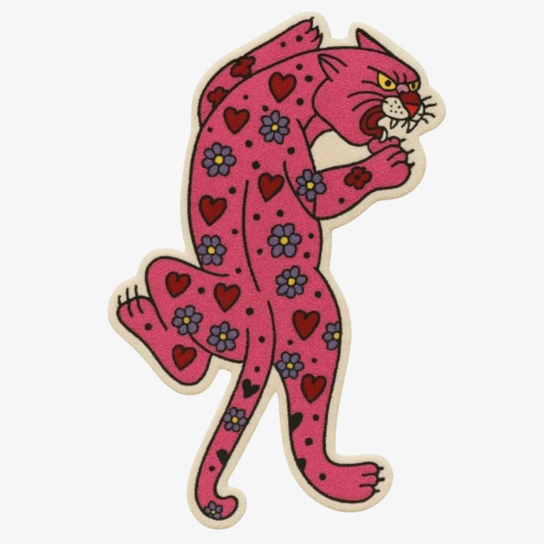 Pink panther rug with heart and flower pattern in tattoo style