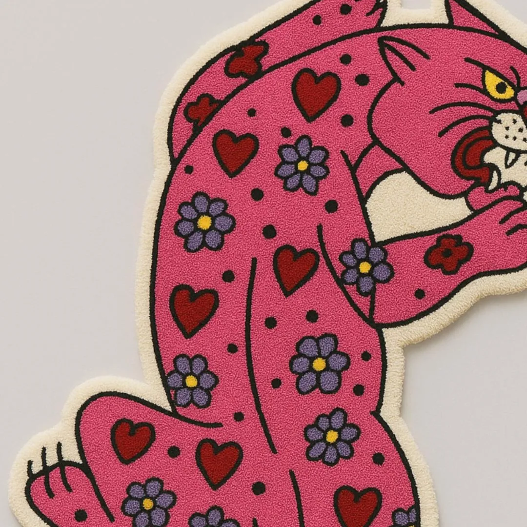 Tattoo-inspired rug featuring fierce pink panther with flowers