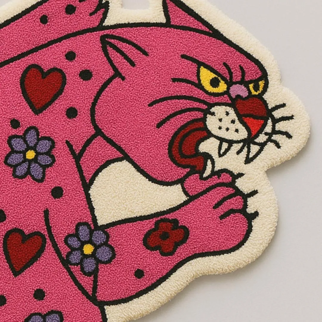 Colorful panther design rug with red hearts and purple flowers