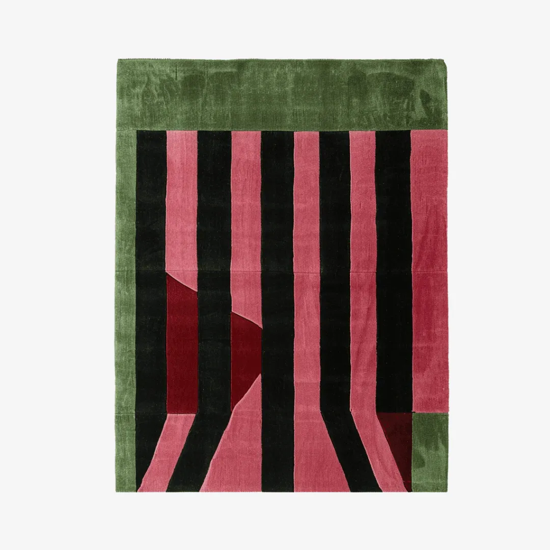 Rose and forest green striped area rug with bold 3D design