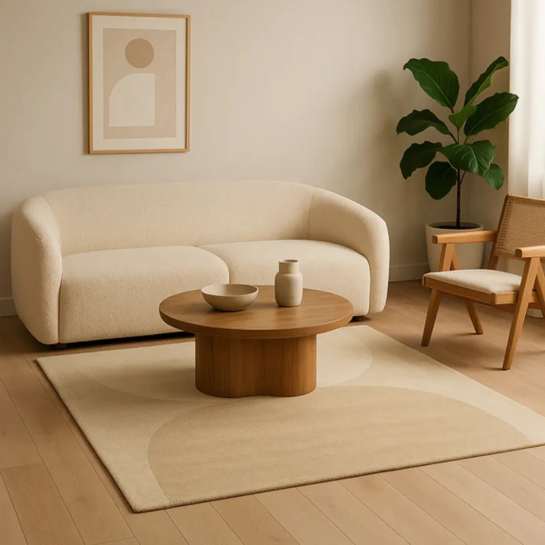 Minimal living room featuring tonal beige area rug with curved design