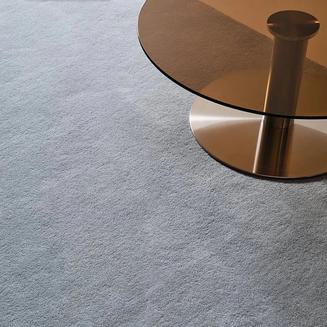 Neutral gray rug on wooden floor