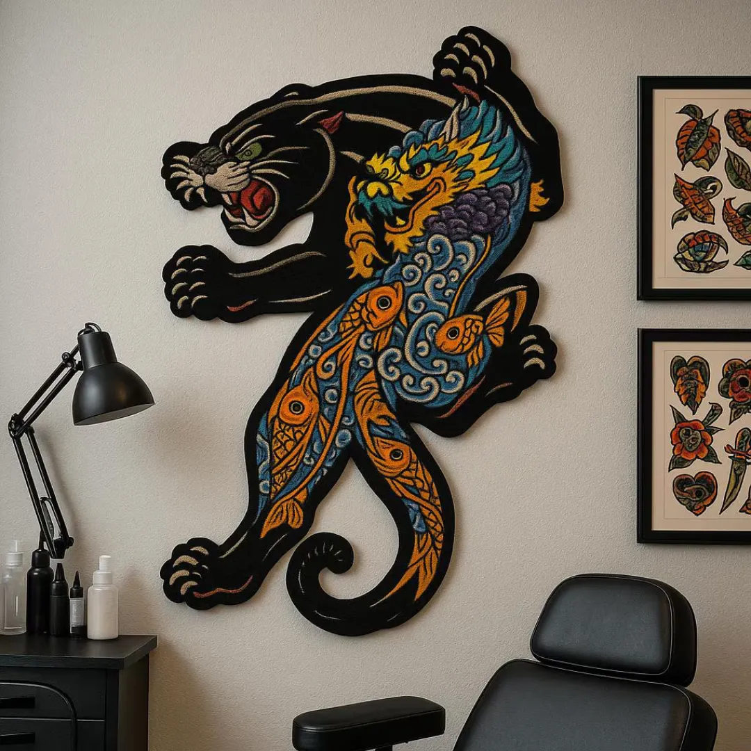 Bold hand-tufted rug with koi and dragon artwork