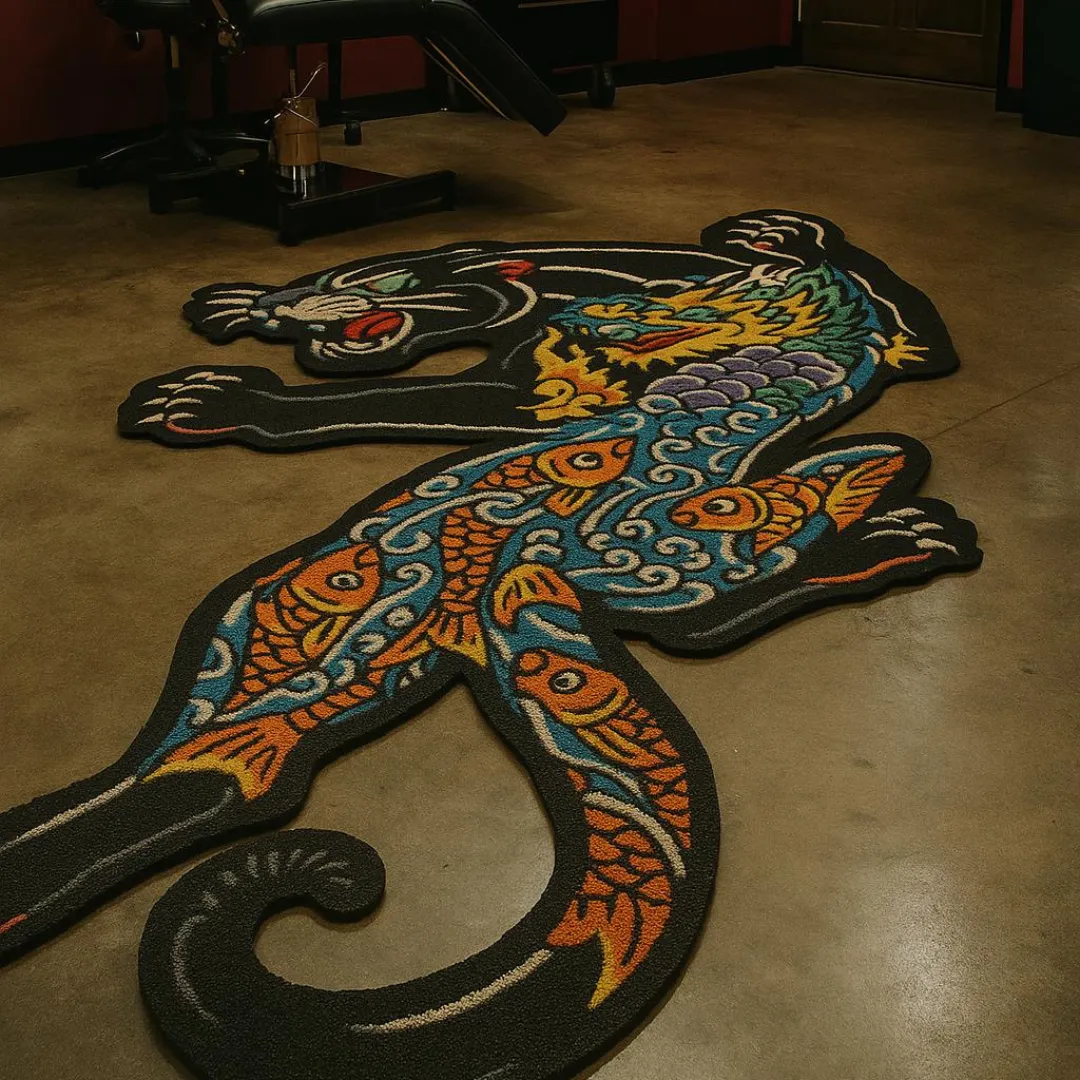 Panther rug with colorful myth tattoos