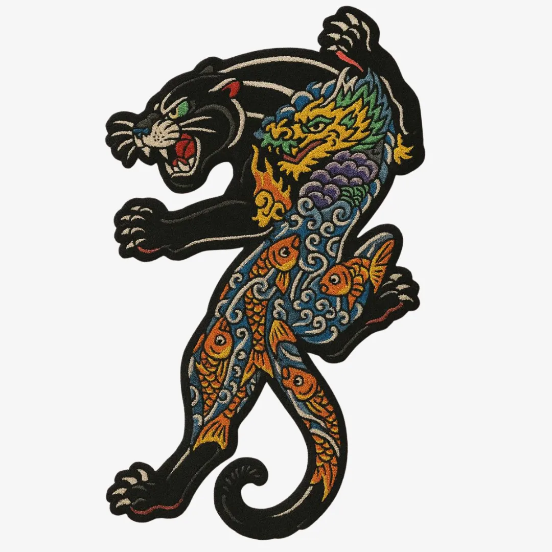 Tattoo panther rug with dragon and koi design