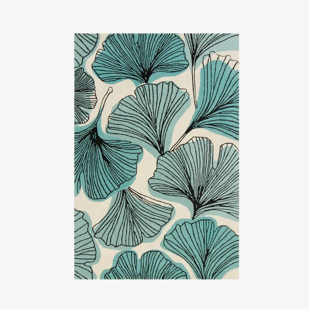 Teal ginkgo leaf pattern on cream background hand-tufted rug