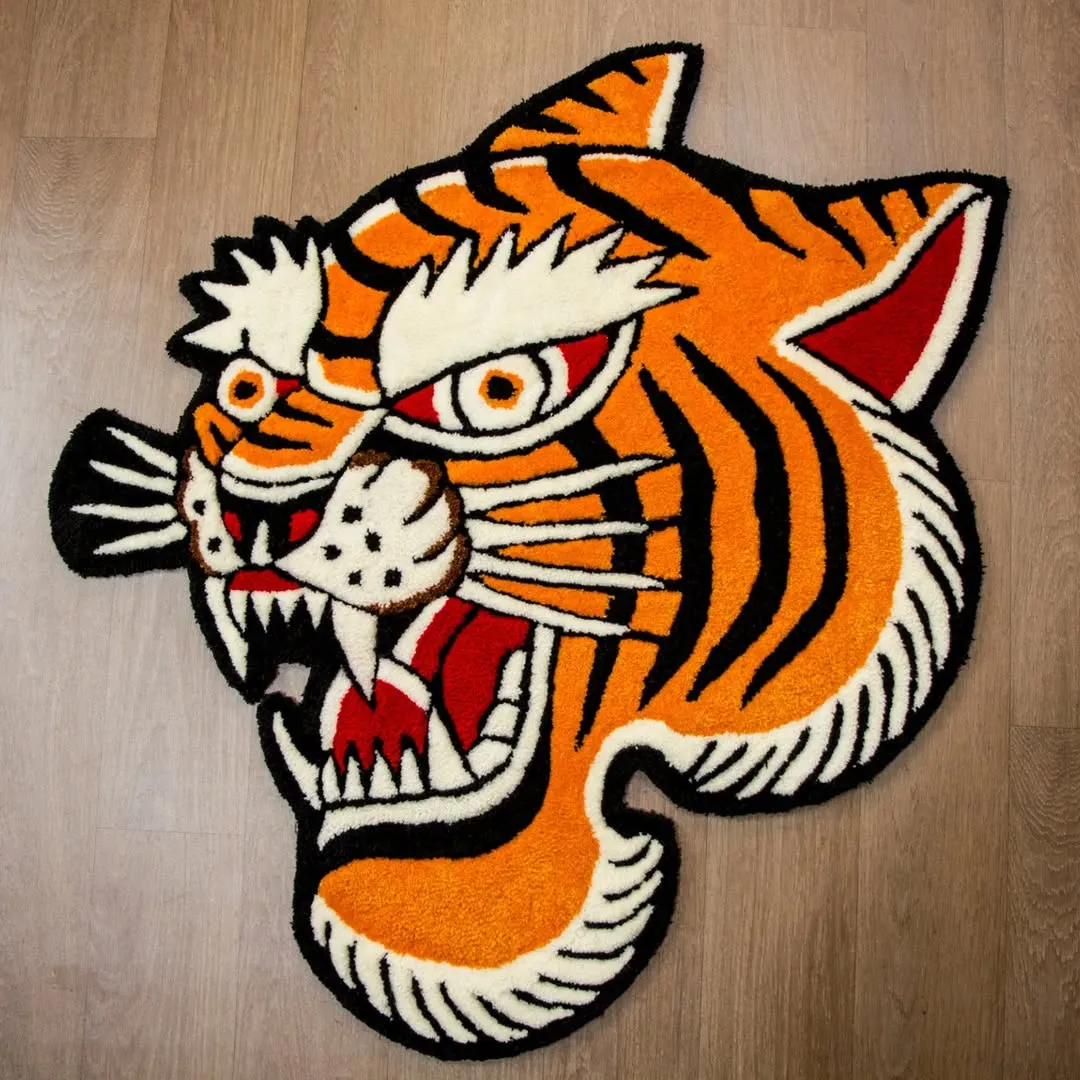 Street-style decorative rug shaped like a roaring tiger head, perfect for modern spaces.