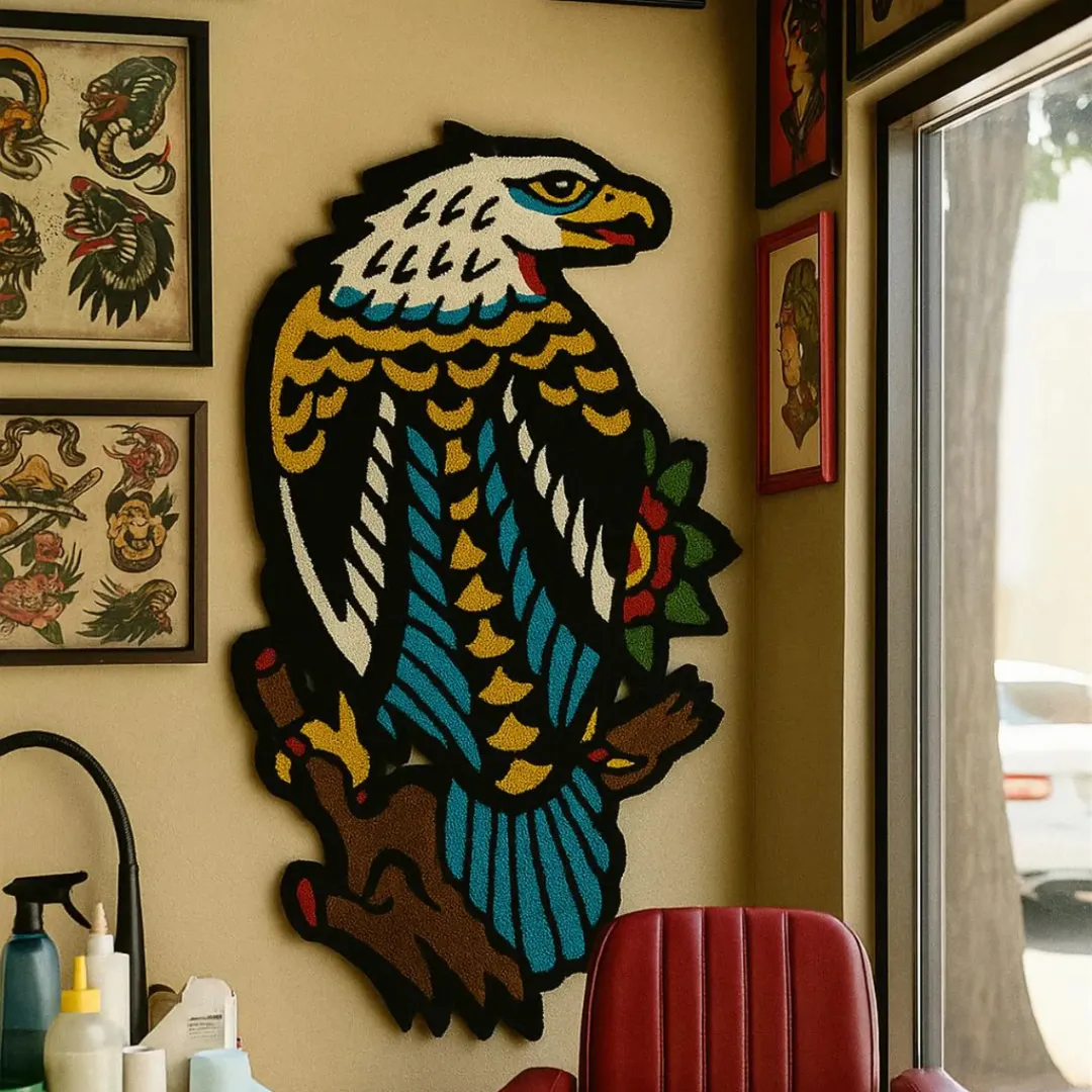 Blue and gold eagle area rug with red flower and wood branch