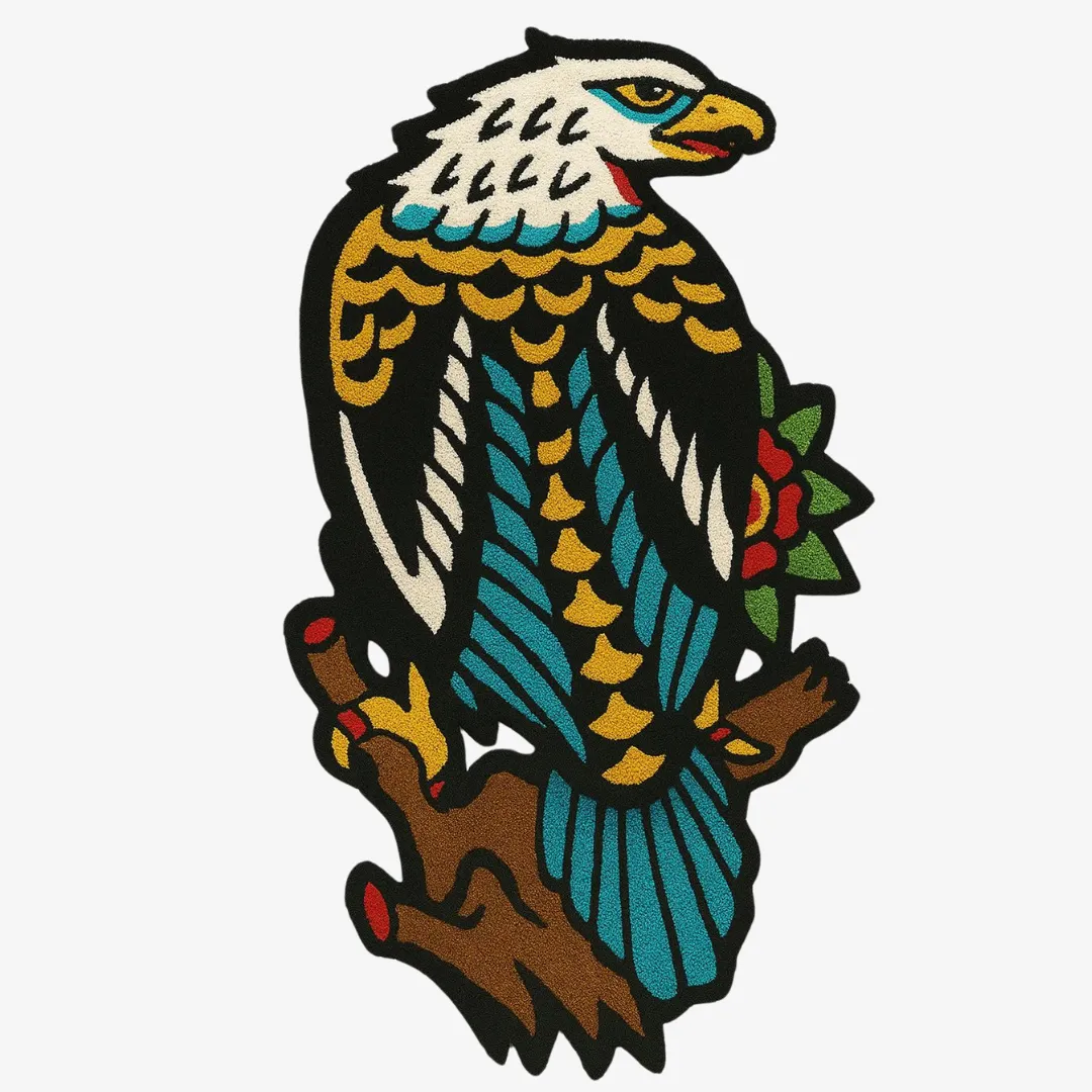 Eagle-shaped rug in Americana tattoo style perched on a branch