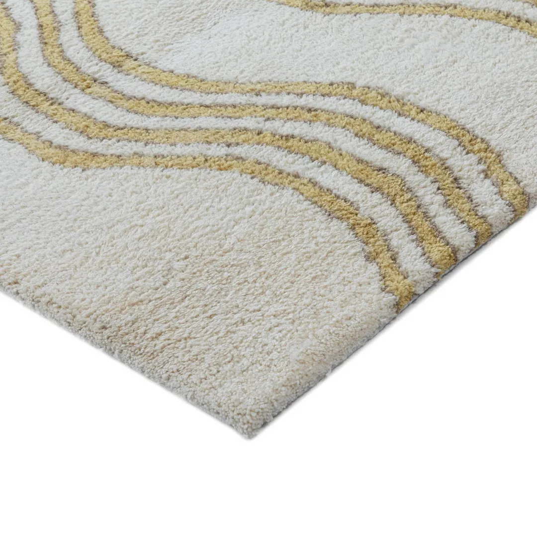 Side angle showing texture and edges of mustard stripe rug