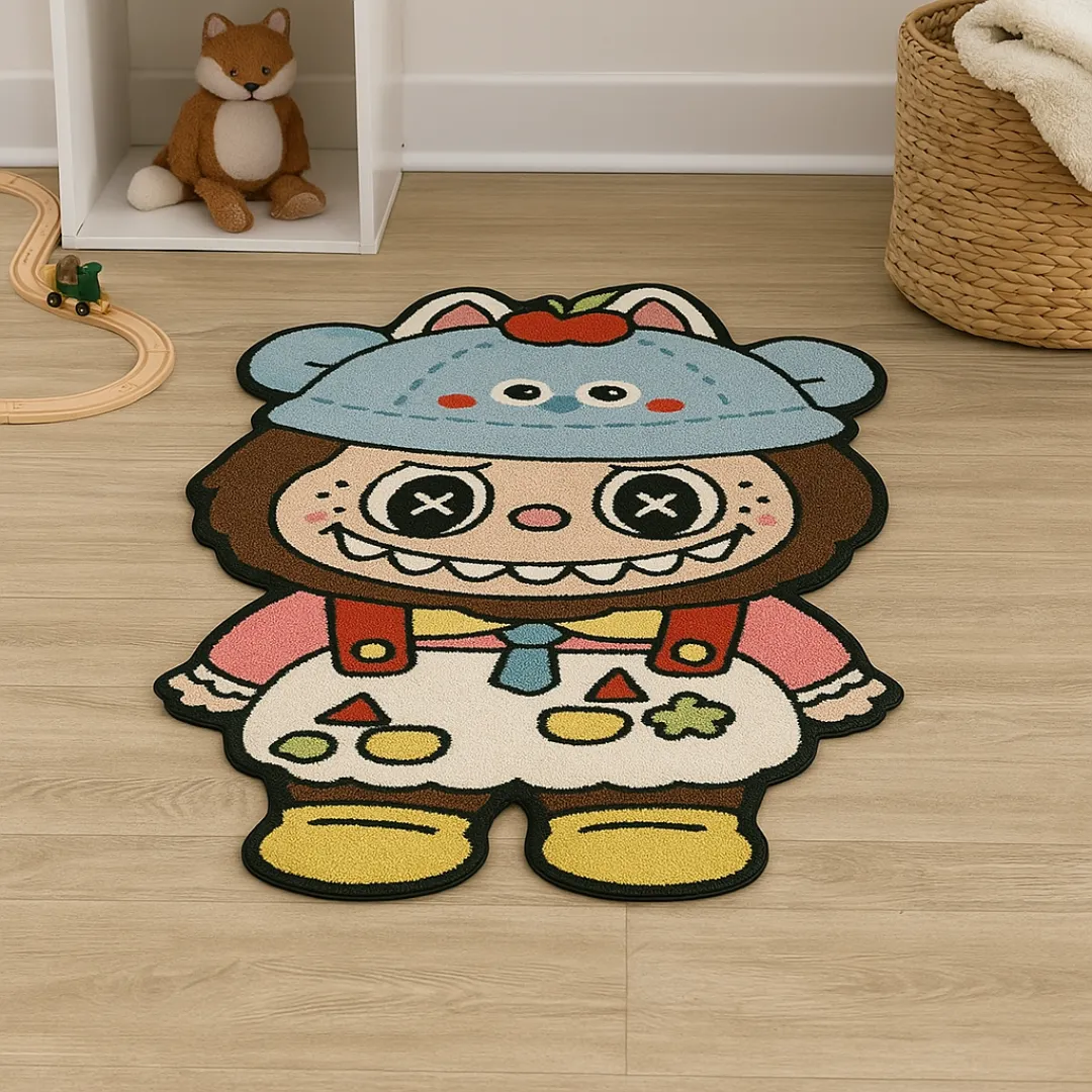 Character-shaped Labubu rug placed in a playful kids’ room