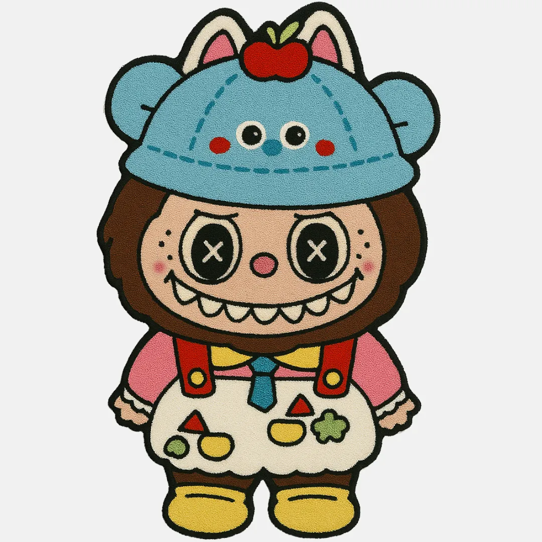 Whimsical Labubu rug with stitched face and colorful outfit