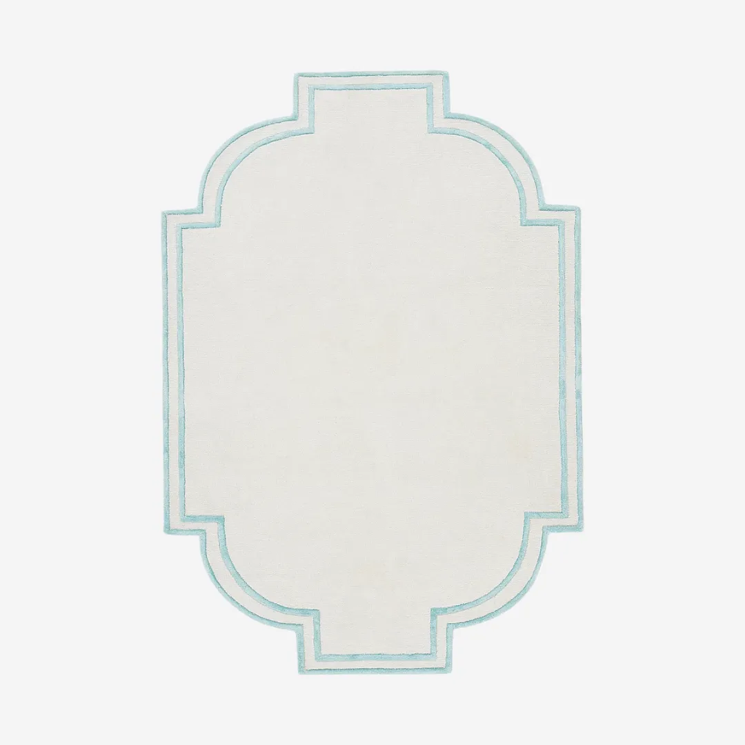 White Frame Area Rug with ivory center and aqua-blue border