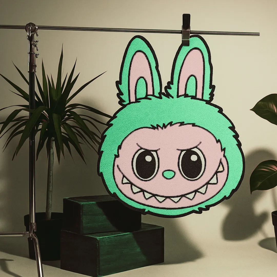 Cartoon-inspired Labubu rug featuring a sly grin