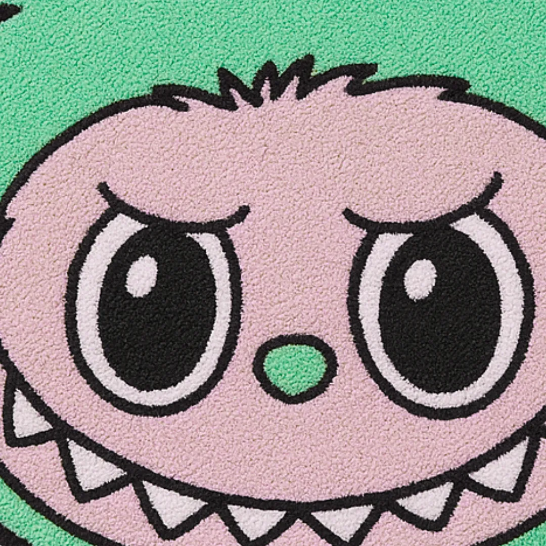 Hand-tufted Labubu rug shown in kids’ creative space