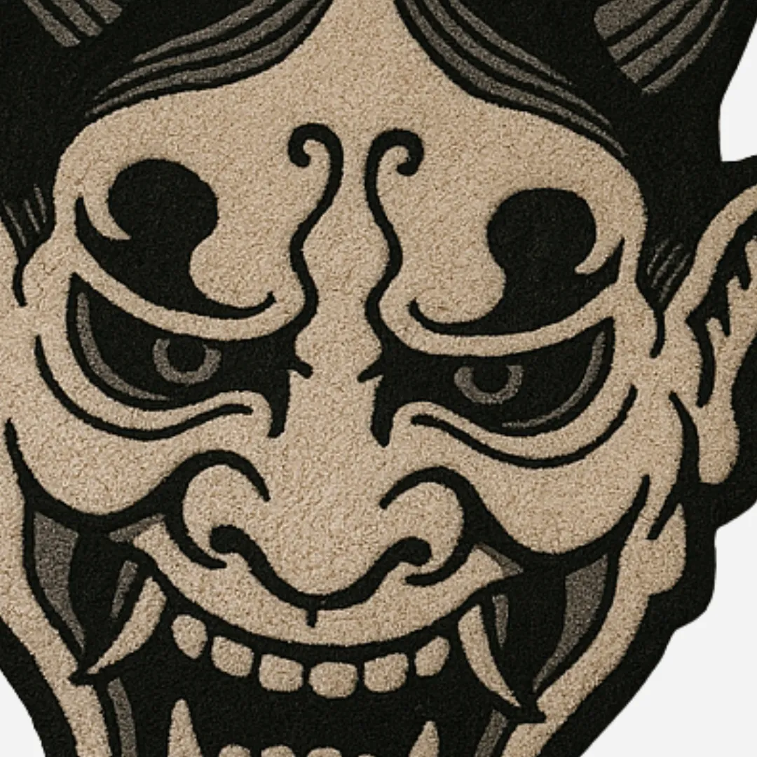 Beige Oni Mask Tattoo Rug Japanese Hand Tufted Wool Rug