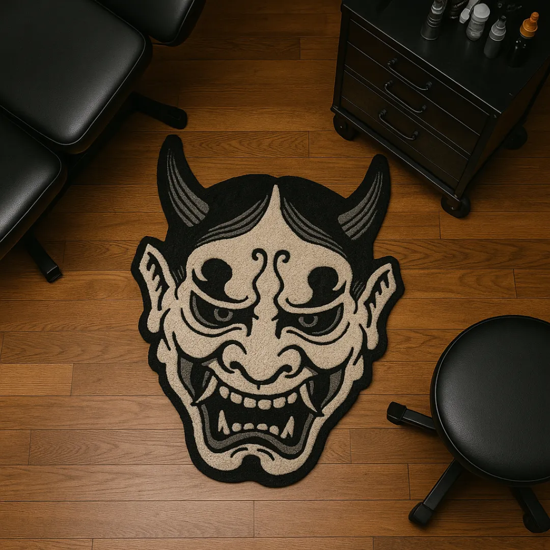 This Beige Oni Mask Tattoo Rug takes inspiration from Japanese tradition.
