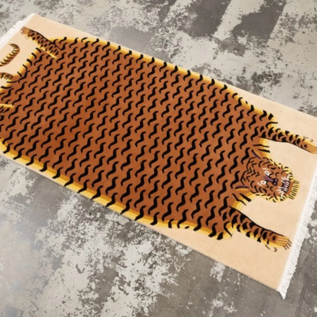 Hand woven Tibetan tiger rug with brown and beige tones