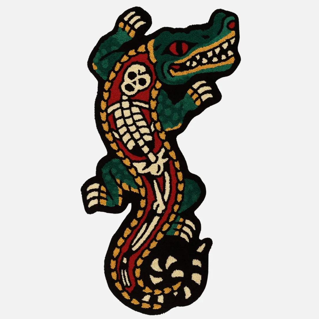 Crocodile tattoo rug with skeleton detailing